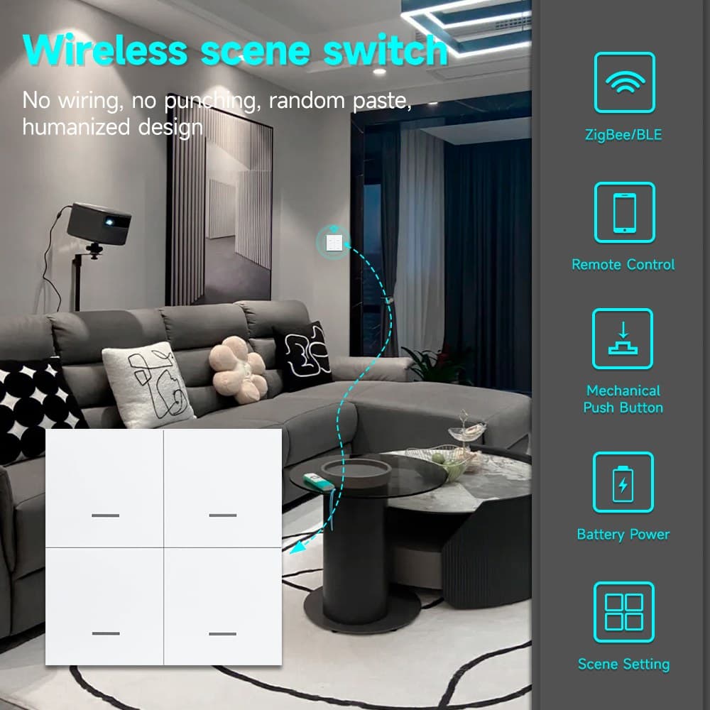 Бездротовий Zigbee-вимикач сцен Tuya 86×86 на 4 клавіші — мініатюра 3